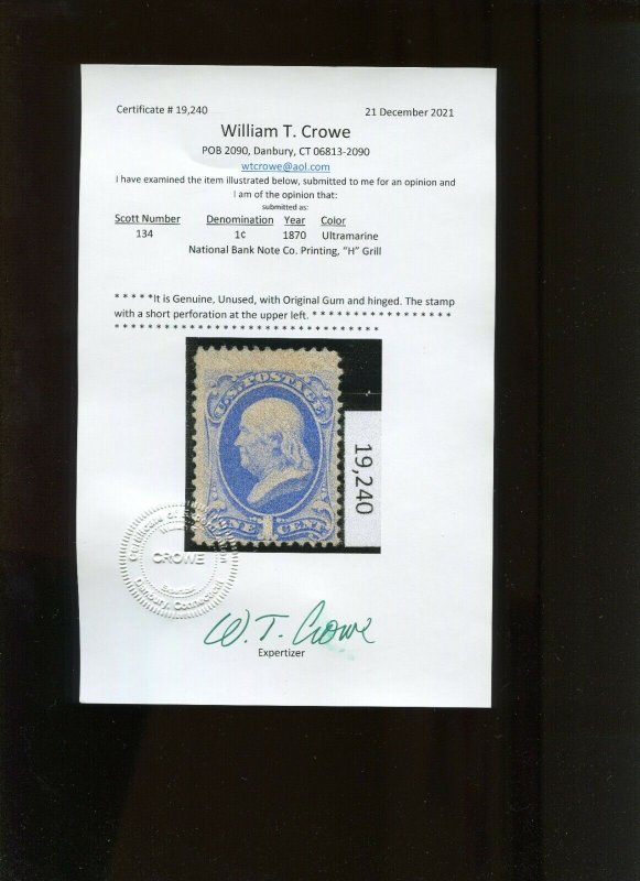 134 Franklin Mint H-Grill  Stamp with Crowe Cert (Bz 352)