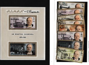 Ajman # MI117-124 & Block 10A, Churchill, Revalued, IMPERF, Mint NH