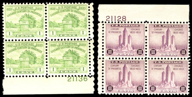 US #728 and 729 PLATE BLOCKS, VF mint never hinged, both are very fresh plate...