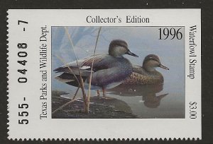 Texas TX16 1996  $3.00  State duck stamp  VF Mint nh