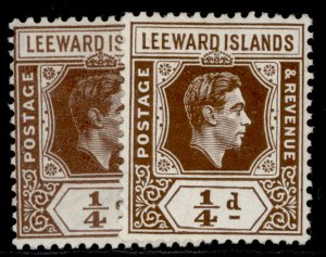 LEEWARD ISLANDS GVI SG95 + 95a, ¼d SHADE VARIETIES, M MINT.