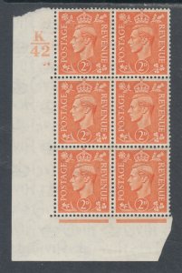 Great Britain Sc 238 MLH. 1938 2p KGVI, K/42 Cylinder Block of 6, VF