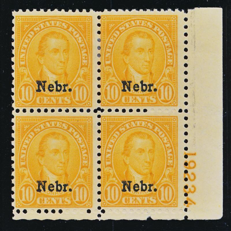 UNITED STATES 679 MINT HINGED AVG-FINE PLATE OF 4. 10c NEBR.