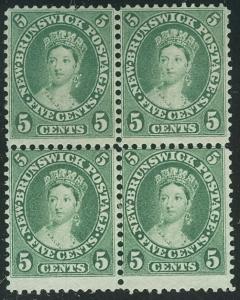 NEW BRUNSWICK #8 5¢ green, Block of 4, unused no gum