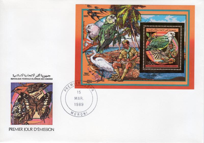 Comoro Islands 1989 Parrots/Fungi/Scouts Gold Foil Souvenir Sheet Perforated FDC