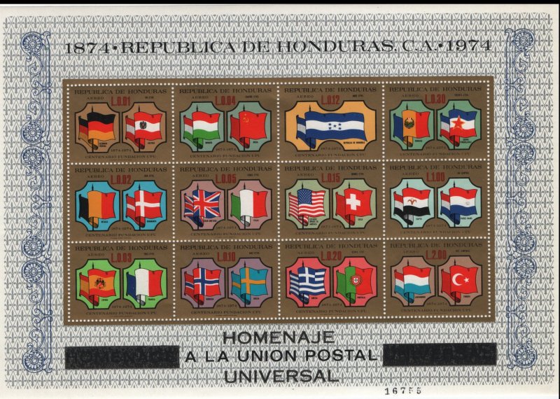 HONDURAS   C574  MNH FLAGS OF NATIONS UPU SOUVENIR SHEER 1975