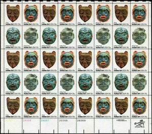 Pacific Northwest Indian Masks Sheet of Forty 15 Cent Stamps Scott 1834-37