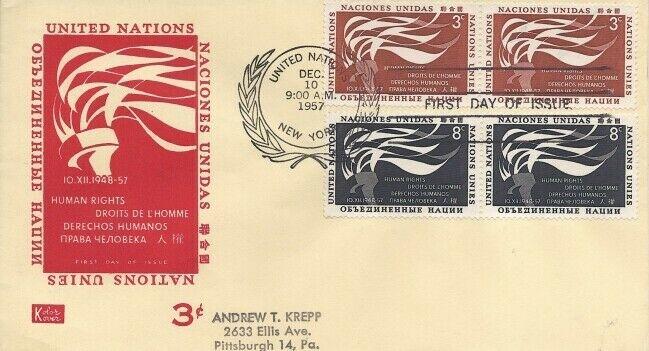 UN #55/56 HUMAN RIGHTS FDC 1957 - Kolor Kover