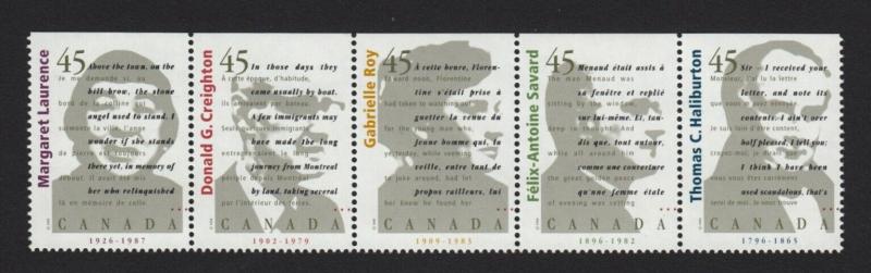 NEVER FOLDED = CANADIAN AUTHORS = Strip of 5 MNH CANADA 1996 #1626ai