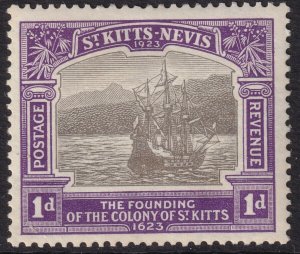 Sc# 53 St. Kitts-Nevis 1923 Caravel in Old Road Bay MLMH 1 pence CV $5.00