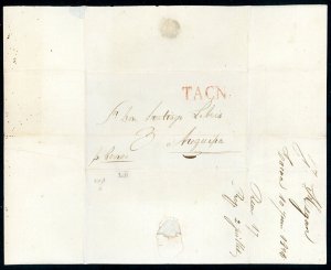 PERU TACNA STRAIGHT RED PRESTAMP COMPLETE FL TO AREQUIPA 6/10/1828