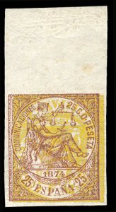 Spain #205P, 1874 25c brown & yellow, top sheet margin imperf. single, yellow...