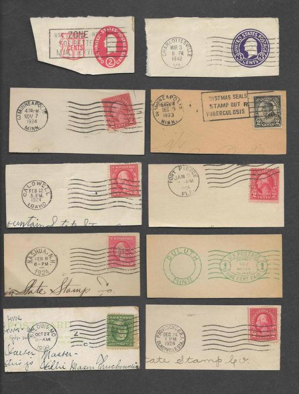 20 Cancels & Stamps of Various Towns, Cities Cut From Paper