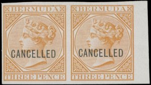 1873, BERMUDA, QUEEN VICTORIA 3P ORANGE, IMPERF PAIR PROOFS W/CANCELLED OVPT