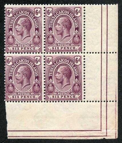 TURKS & CAICOS IS SG160x 1921 6d purple Wmk Script REVERSED U/M Corner Block 