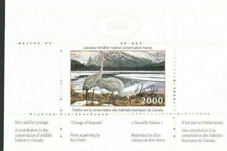 CANADA 2000 DUCK STAMP ARTIST SIGNED IN FOLDER AS ISSUED SAND HILL CRANE FERRIS