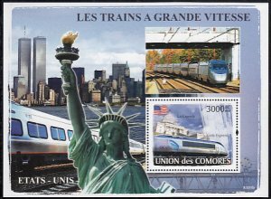 Comoro islands 2008 USA SPEED TRAINS Statue of Liberty s/s Perforated Mint (NH)