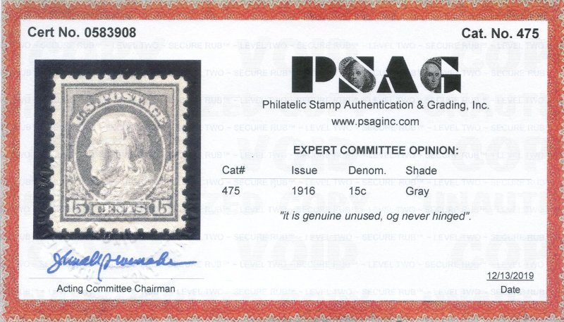 US Scott #475 Mint, VF, NH, PSAG