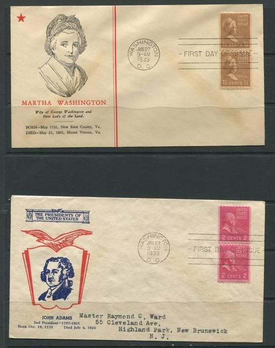 USA 1939 (2) Covers First Day Of Issue Martha Washington  John Adams Vertical...