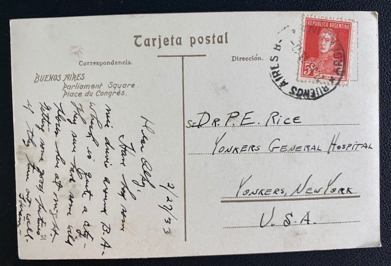 1933 Buenos Aires Argentina RPPC Postcard cover to Yonkers NY USA Congress Squar