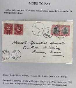 1928 South Africa Postage Due Cover To Health Specialist Boston MA USA