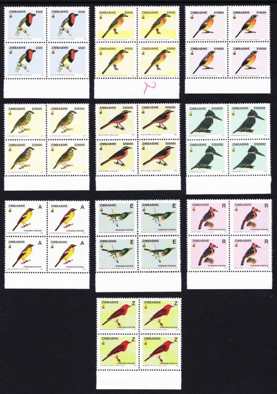 Zimbabwe Birds 1st Definitive Blocks of Four with bottom margins SG#1146-1155