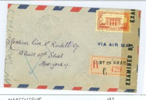 Martinique 172 1944 Censorship; registered Port De France, Miami, NY; svc is for 172, single franking, vertical crease