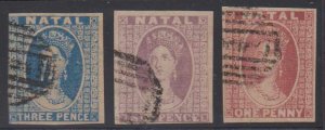 BC NATAL 1860-62 QV sc 8-9 & 13 IMPERF FORGERIES BLACK MUTE CANCELS (CV$230) 