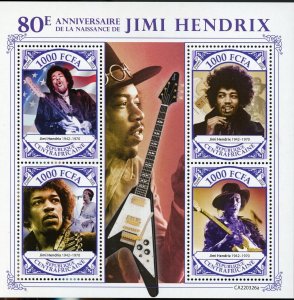 CENTRAL AFRICA 2022 80th BIRTH OF JIMI HENDRIX SHEET  MINT NH