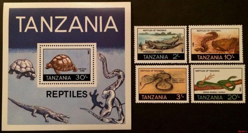 Tanzania 1987** Mi.404-07 + Bl.66. Reptiles [20;48]
