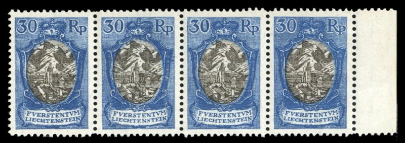 Liechtenstein #81 Cat$70+, 1925 30rp blue and black, horizontal strip of four...