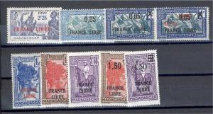 FRANCE LIBRE, MADAGASCAR NEVER HINGED GROUP 9 STAMPS!