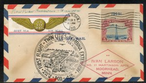 UNITED STATES FIRST FLIGHT COVER TWIN CITIES REMBINA EXTENSION FEB 2, 1931