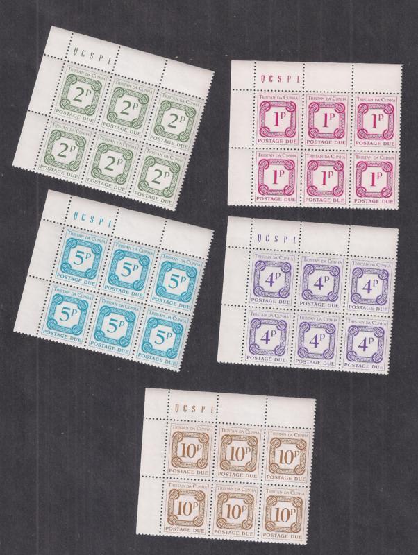 TRISTAN DA CUNHA: postage due SET #J6-10 variety MINT BLOCKS OF SIX w IMPRINT VF