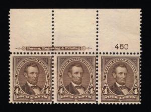 GENUINE SCOTT #269 DARK BROWN MINT OG NH BIG TOP BEP PLATE NUMBER 460 STRIP OF 3