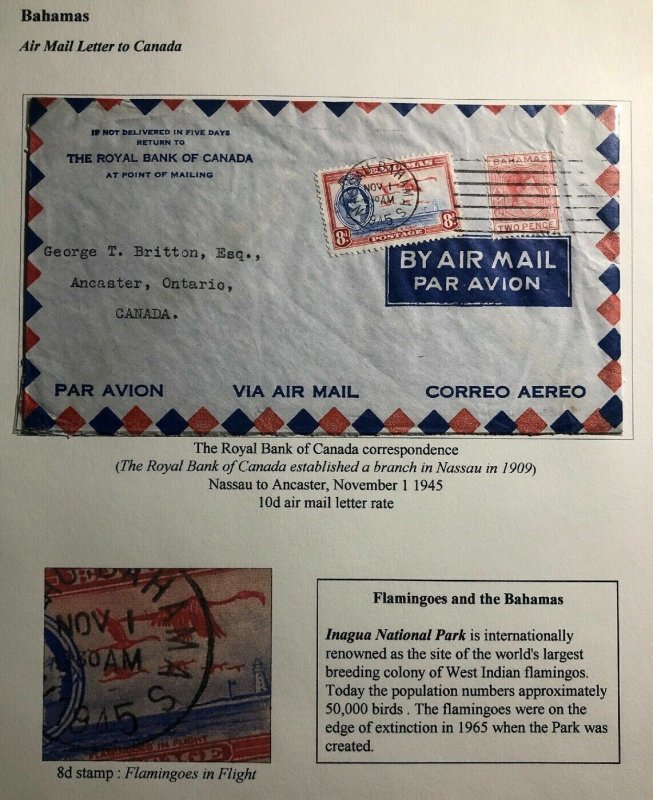 1945 Nassau Bahamas Royal Bank Airmail Cover To Ancaster Canadá