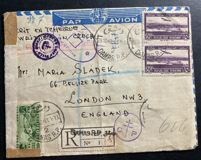 1942 Damascus Lebanon Airmail Censored Cover To London England 