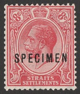 STRAITS SETTLEMENTS 1921 KGV 8c carmine wmk script, unissued, SPECIMEN.