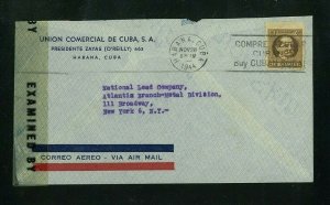 Cuba 1944 Censored Airmail Commercial Cover Havana to NY franked solo Scott 307