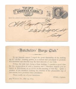 UX5 Postal Card 1879 Bachelors Barge Club Phila PA Boating Fancy Cork Cancel