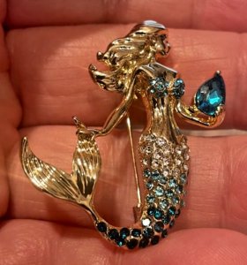 Gold-Tone Mermaid Brooch with Blue Gem – Rhinestone Tail & Top #206049668849