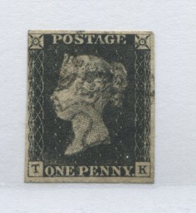 GB 1840 Penny Black lettered TK with 4 close to large even margins