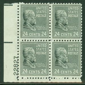 US #828 24¢ Benjamin Harrison, Plate No. Block of 4, og, NH, VF