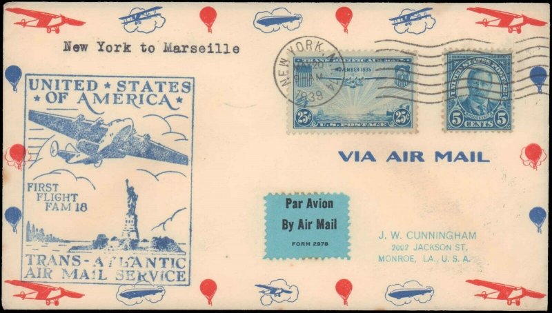 NEW YORK NY 1939  FIRST FLIGHT  FAM 18 TO FRANCE ( BACK CANCEL )  #118