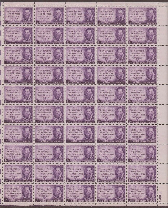 US,946,JOSEPH PULITZER,MNH VF, FULL SHEET,1940'S COLLECTION,MINT NH ,VF