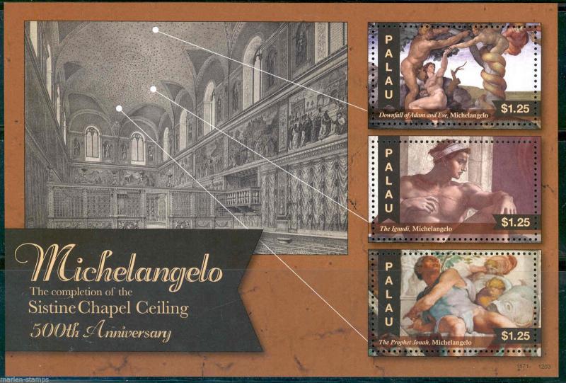 PALAU  2013 500th MICHELANGELO  ANNIVERSARY SISTINE CHAPEL COMPLETION  SHEET  NH