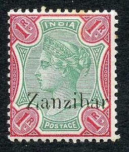 Zanzibar SG18 1r Green and aniline-carmine Small second Z M/M (tone spots)