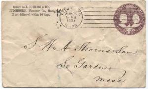 1893 Fitchburg MA Scarce Barnard Machine Cancel 6-bar Columbian stamped envelope