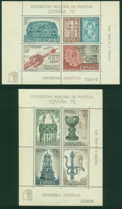 SPAIN 1877-1878, WORLD PHILAT EXHIBITION 1975, GOLDSMITHS SOUVENIR SHEETS MNH VF