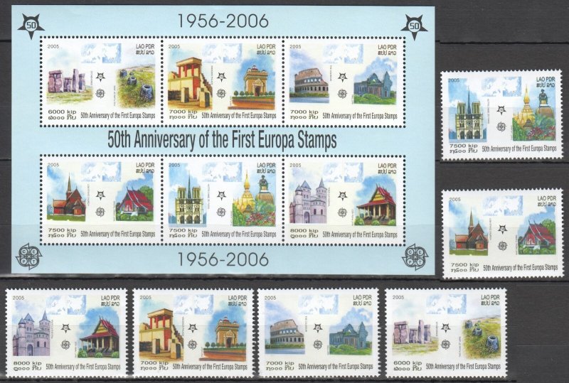 Ec272 2005 Laos Architecture Europa Stamps Michel 40 Euro #1973-78+Bl194 Mnh